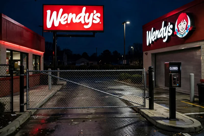 Empty Wendy's drive-thru lane at night with a closed sign