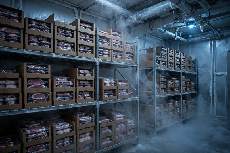 Warehouse cold storage cooler where stored meat products experienced temperature deviations