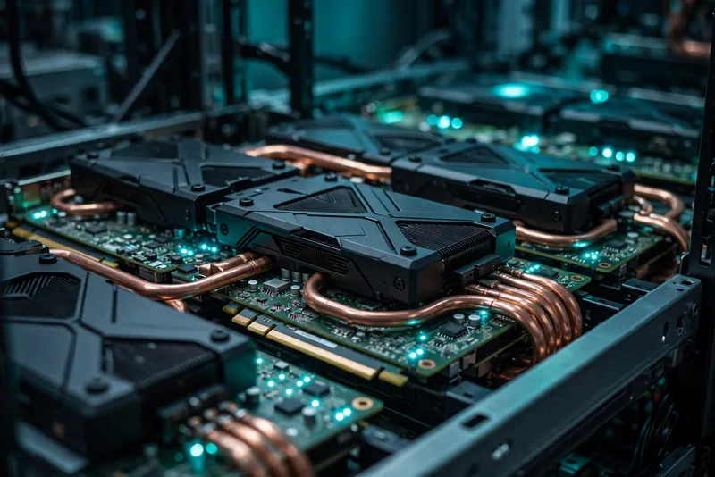 Close-up of AI server GPUs and circuit boards like those in the alleged smuggling scheme
