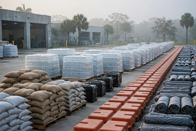 Emergency supplies staged for hurricane response including sandbags, generators and pallets of boxed water in Florida
