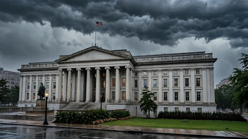 the neoclassical US Treasury Department building in Washington DC under a dark stormy sky