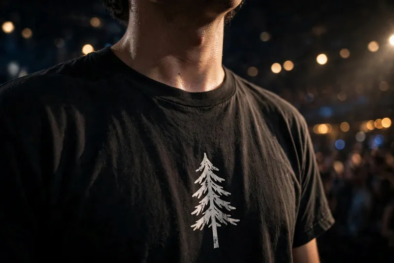 Close-up detail of a plain black concert t-shirt with a pine tree graphic