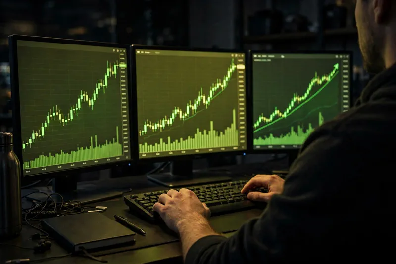 Trader's desk with glowing monitors showing rising green stock charts after Goldman Sachs blowout earnings