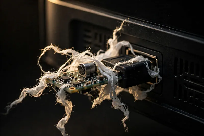 Close-up of a tiny circuit board listening device wrapped in tissue paper behind a television