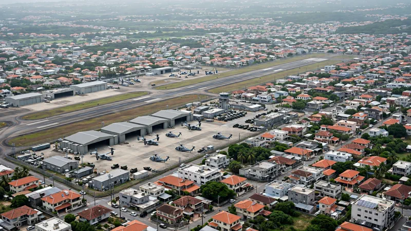 Aerial view of Marine Corps Air Station Futenma in Okinawa surrounded by dense neighborhoods