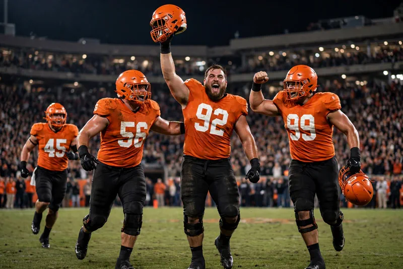 Tennessee defensive linemen in orange jerseys celebrating a quarterback sack at Neyland Stadium