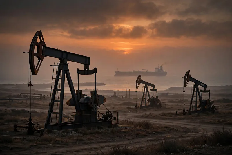 Oil pumpjacks and a tanker at sunset as crude prices fell Monday
