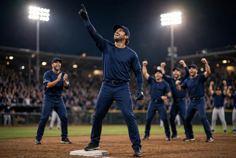 Yandy Diaz celebrating a big hit for the Tampa Bay Rays in the 2026 ALCS