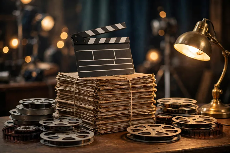 Film clapperboard resting on a tall stack of scripts and film reels on a wooden desk