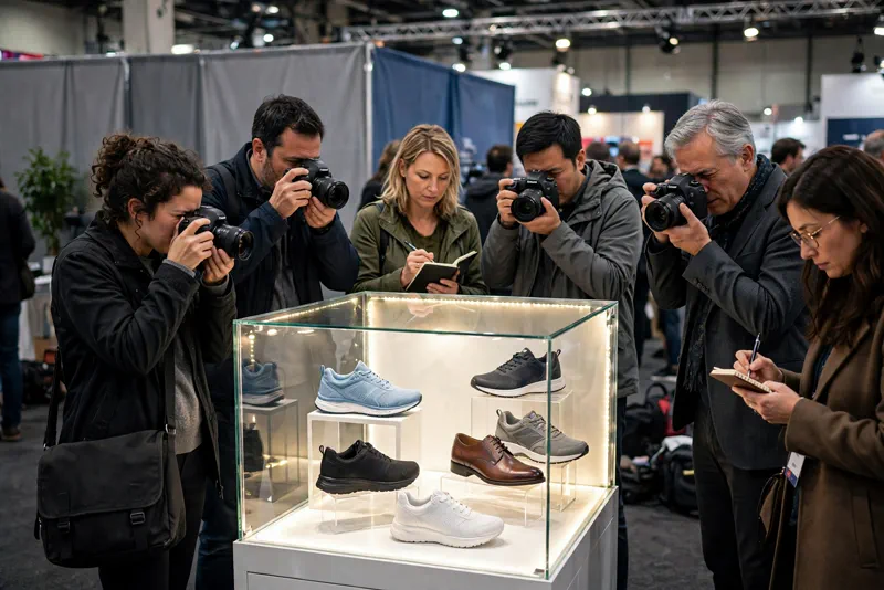 Photographers and journalists crowded around a shoe display at an indoor exhibition hall, similar to the Pyongyang garment and footwear exhibition