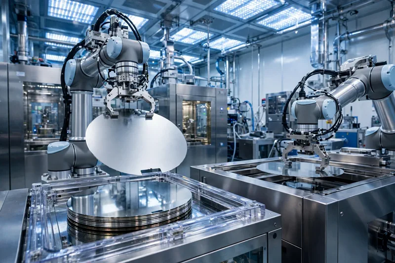 Semiconductor chip fabrication cleanroom with robotic arms handling silicon wafers