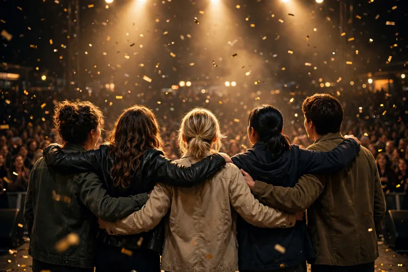 Artistic rendering of the 10 Things I Hate About You cast linking arms on the DWTS stage