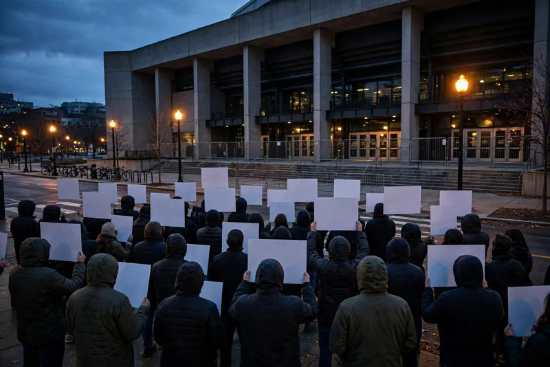 Protesters with placards outside the Clemson arena at dusk