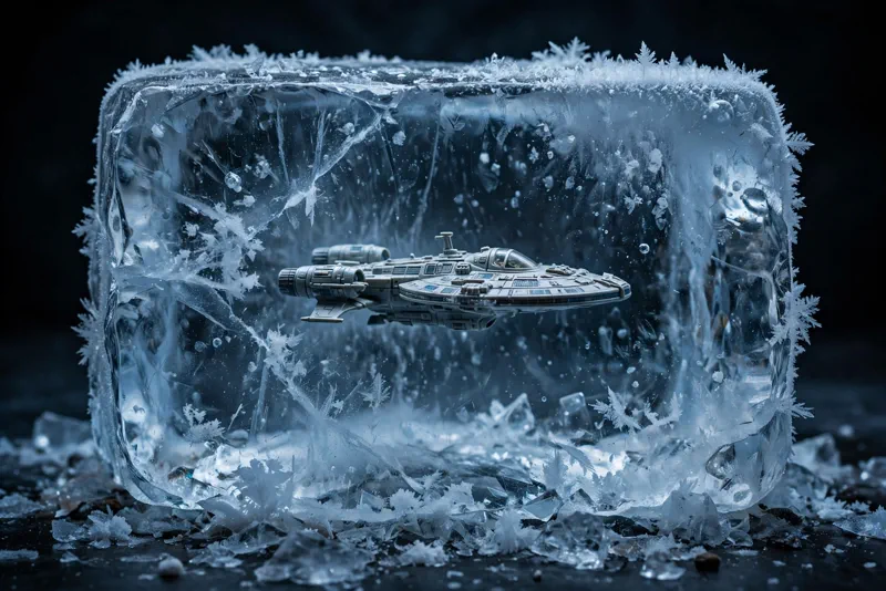 A toy starship frozen inside a block of ice.