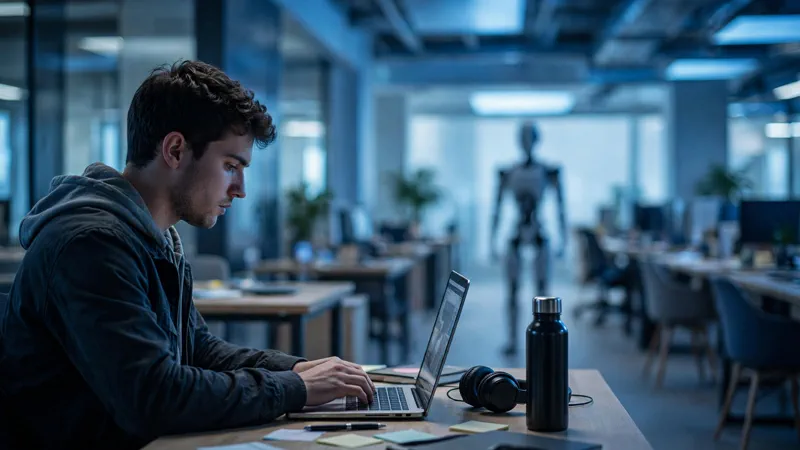 Young man working on laptop with robot silhouette behind him in an office