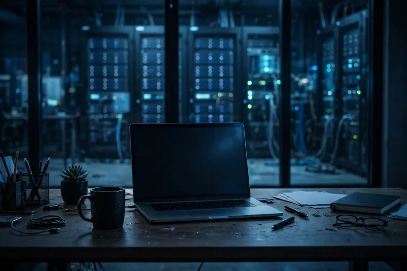 Empty office desk at night with dark laptop screen, websites taken offline during the PHP2Shell emergency