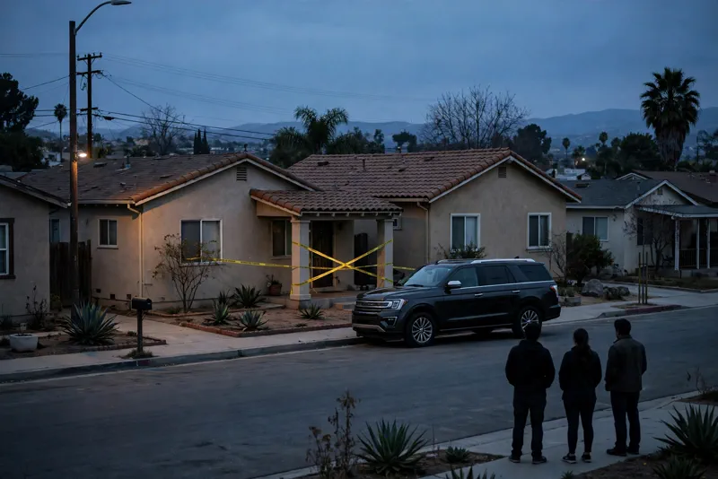 Sober living homes at dusk with police tape after the federal fraud bust