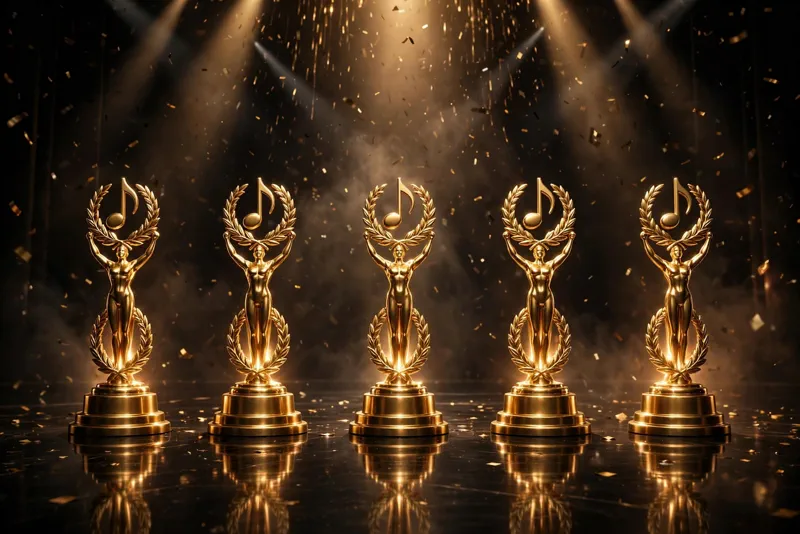 Timeline collage style image showing five glowing award trophies representing Taylor Swift's five consecutive chart doubles from 2022 to 2026