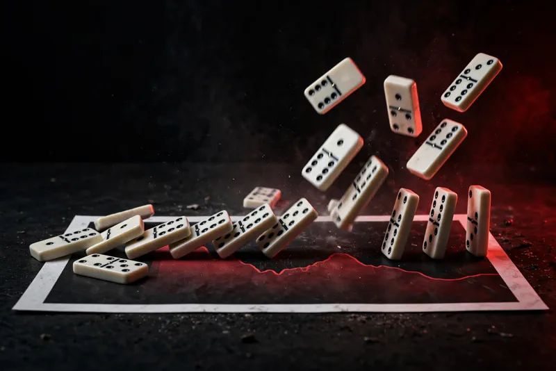 Dominoes toppling across a stock market price chart, symbolizing cascading liquidations