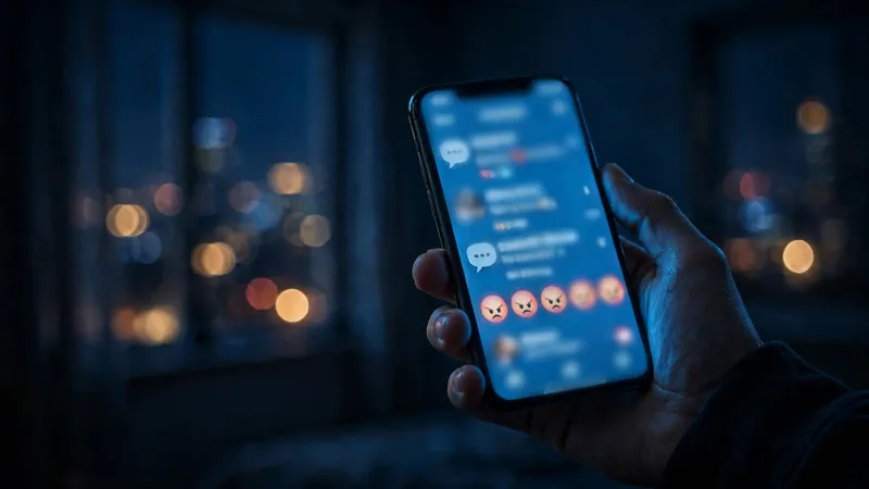 Hand holding a smartphone showing a viral social media post with angry reactions in a dark room