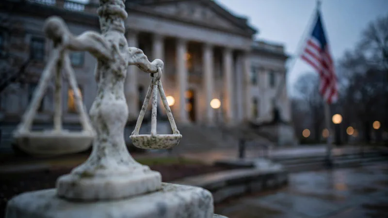 Scales of justice statue outside a courthouse at dusk