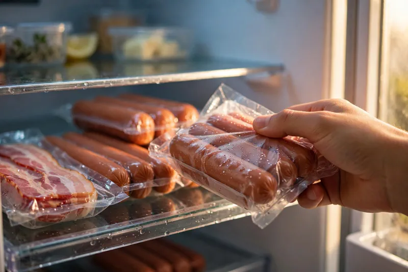 A shopper checking hot dog and bacon packages in a home refrigerator
