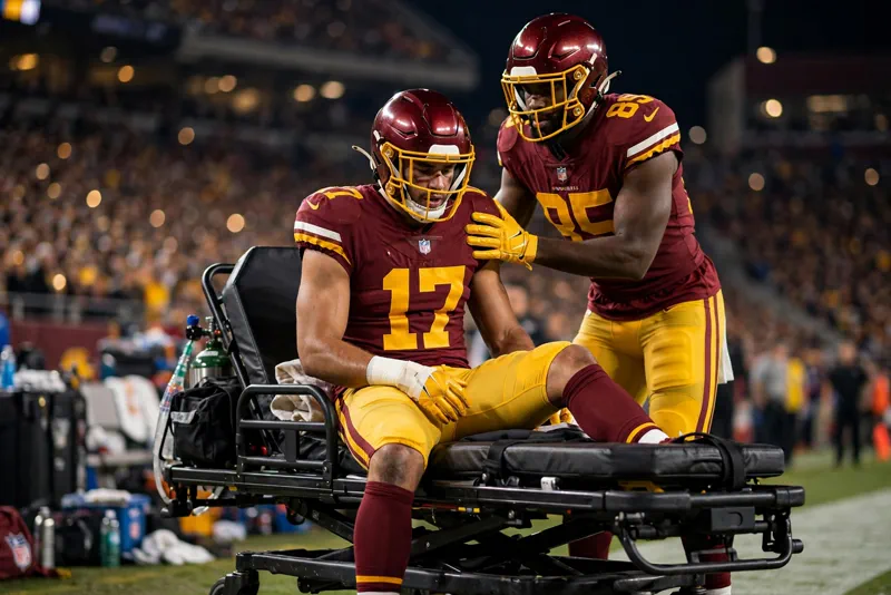 An NFL wide receiver being helped to a medical cart on the sideline