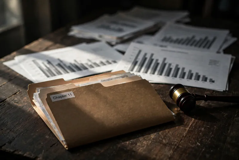 Chapter 11 bankruptcy filing paperwork with declining financial charts and a gavel