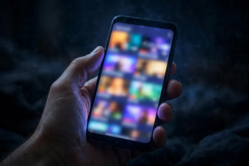 Smartphone glowing with streaming content in a dark room, representing Netflix's advertising business