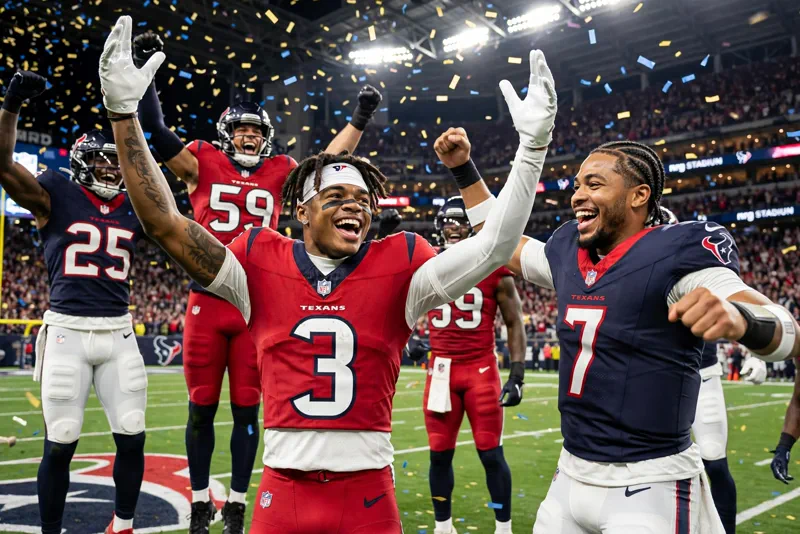 Tank Dell celebrating a touchdown catch with Houston Texans quarterback C.J. Stroud in the end zone
