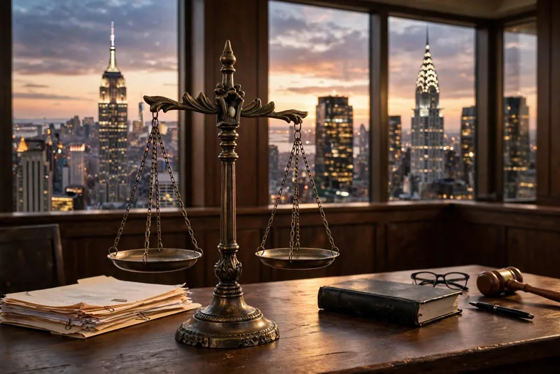 Scales of justice on a courtroom desk with the New York City skyline glowing at dusk through the windows behind
