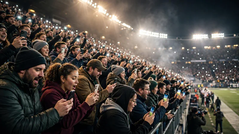 Football fans in a stadium at night holding up glowing smartphones to record a viral sideline moment