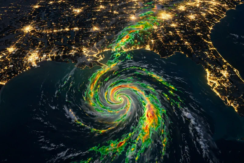 Weather radar tracking map showing a tropical storm spinning toward the northern Gulf Coast between Louisiana and Florida