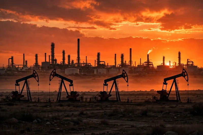 oil refinery with pumpjacks silhouetted against a fiery orange sunset sky