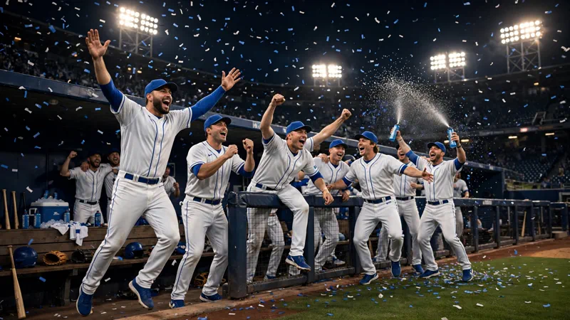 Dodgers dugout erupts in celebration during a postseason win in Atlanta