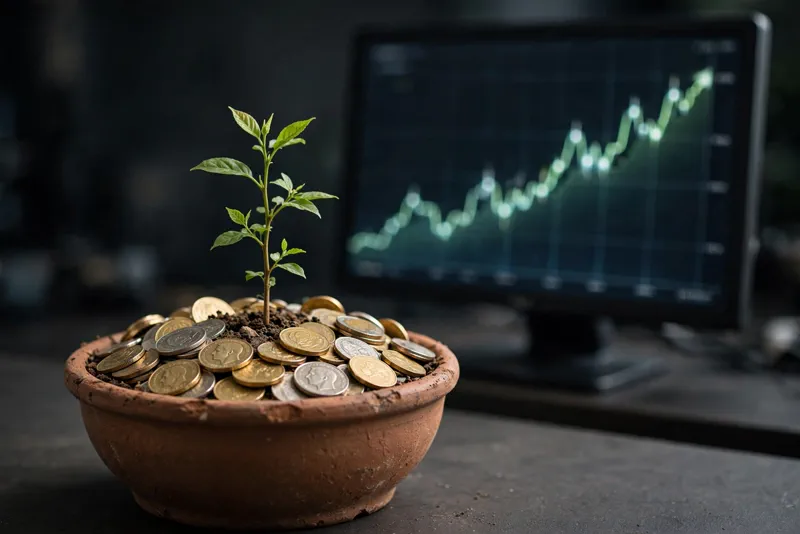 Plant growing from a pot of coins in front of a rising stock chart, symbolizing long-term growth