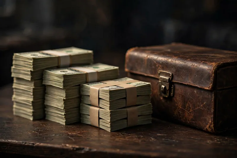 Stacks of hundred-dollar bills and a briefcase representing the jackpot payout