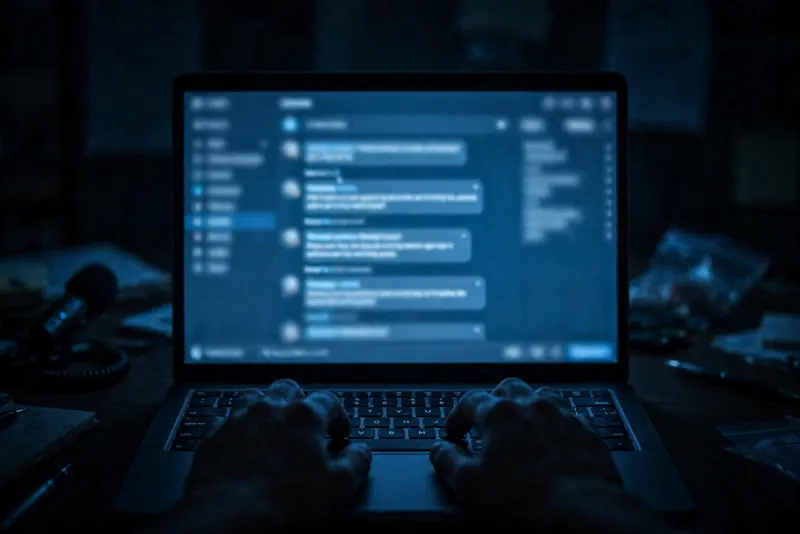 Silhouetted hands typing at a laptop glowing with AI chat queries about recording devices