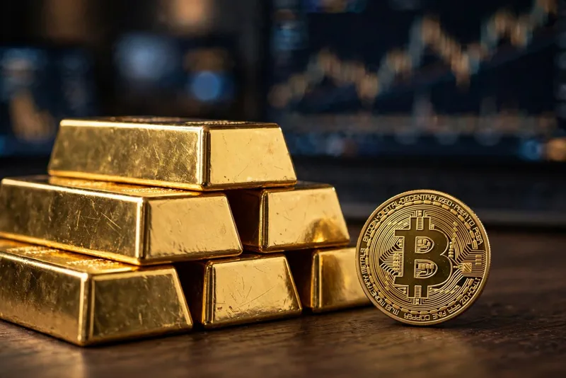 Gold bars and a physical bitcoin coin on a dark trading desk