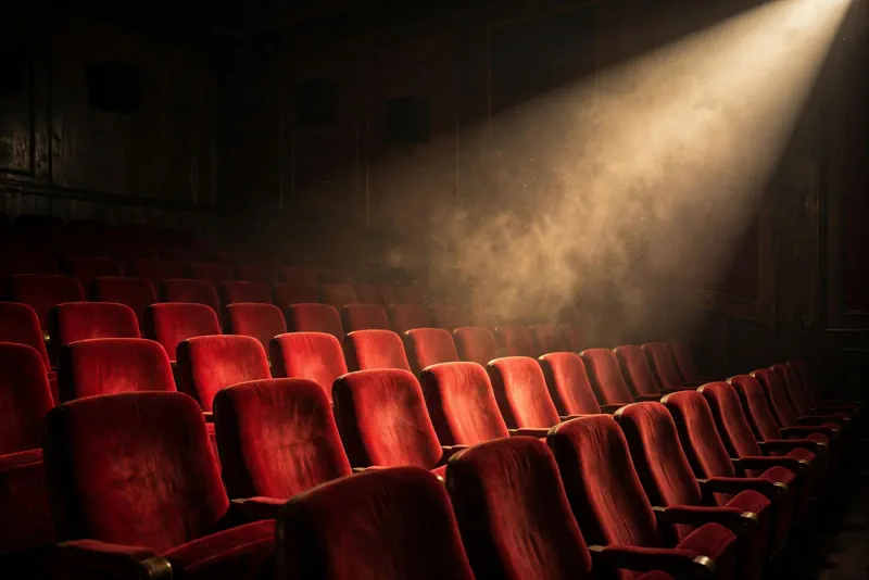 Empty red velvet cinema seats in a dark theater under a beam of projector light