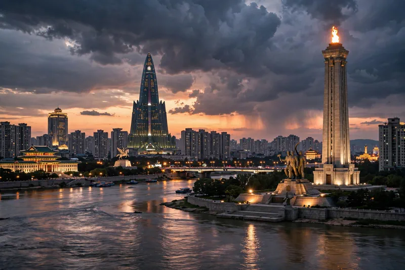 Pyongyang skyline at dusk with illuminated monuments, symbolizing the closed world of North Korean leadership succession