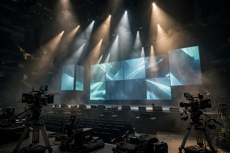 Film cameras capturing a concert stage, the Mayhem Ball concert film in production