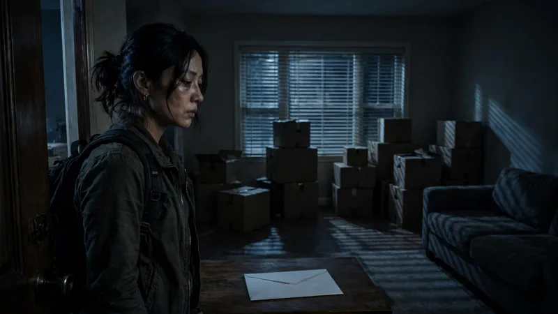 A weary operative standing in a dark empty living room with a letter on the table, the Lioness season 3 cliffhanger