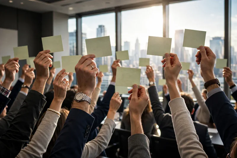 Shareholders raising voting cards at a corporate annual meeting