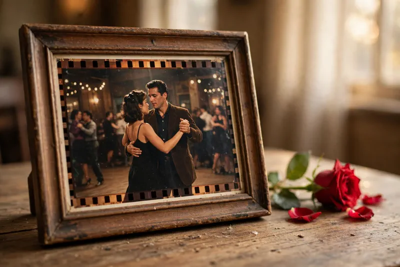 A framed film still beside a red rose, honoring Heath Ledger