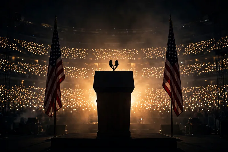 Podium silhouette with American flags on a dark rally stage