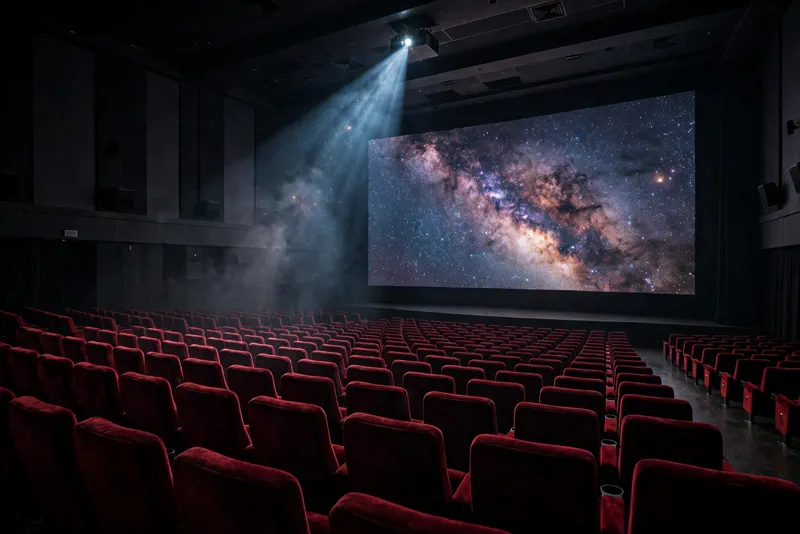Empty cinema auditorium with a starfield on the giant screen.