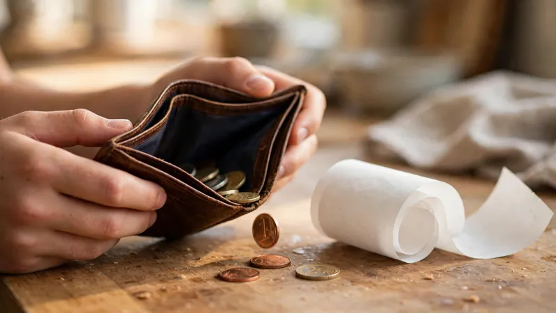 Hands holding a nearly empty wallet with coins spilling out