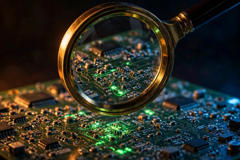 Magnifying glass over a glowing circuit board, symbolizing AI finding the decade-old PHP2Shell bug