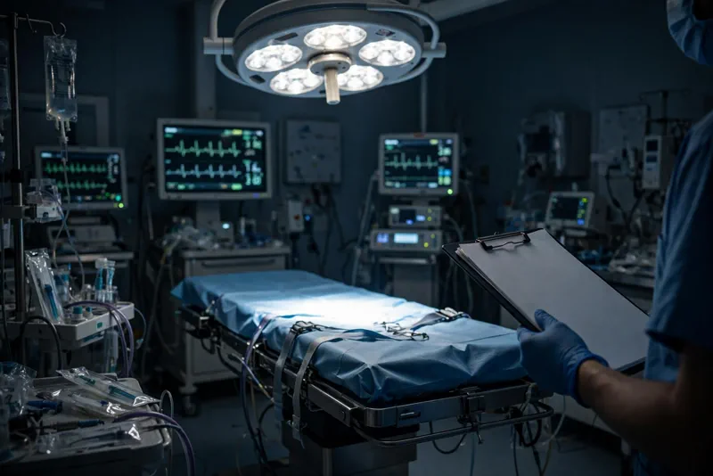Hospital catheter lab under surgical lights, at the center of the unnecessary-surgery fraud case